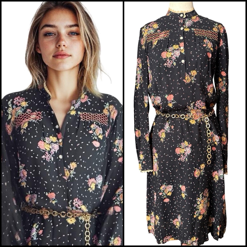 Jody T Of Ca. Rustic Prairie Cottagecore Dress Sz Small Black Floral Whimsigoth
